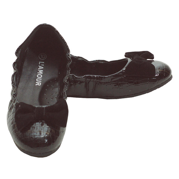 L'Amour Black Faux Croc Bow Loafer Shoe Toddler 5-Little Girl 4 - SophiasStyle.com